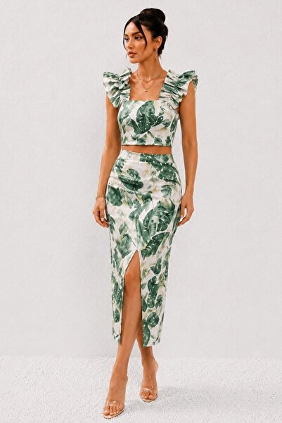 FashionForYou Ținută casual de vară, fustă ORLINEA și crop top cu volane, Ver...
