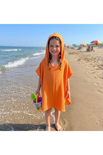 Home Cotton Muslin Orange Girls Boys Hooded Baby Children Poncho Pool Sea Bea...