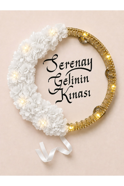 ELYNA Beyaz Gold Taşlı Ledli Şeffaf Gelin Tefi, Çiçekli 32 cm, Kına Düğün Sün...