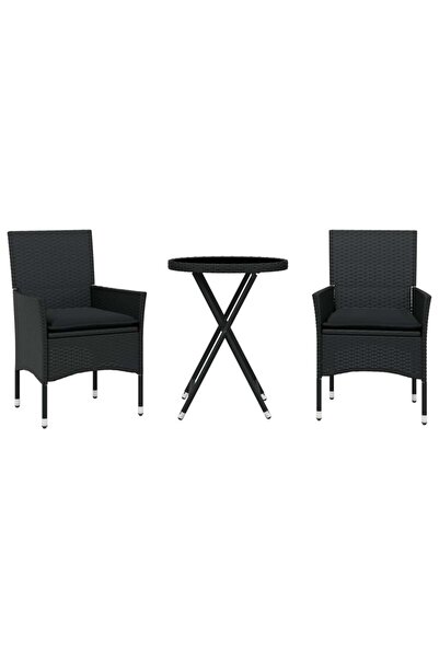 vidaxl Set bistro cu perne, 3 piese, negru, poliratan și sticlă