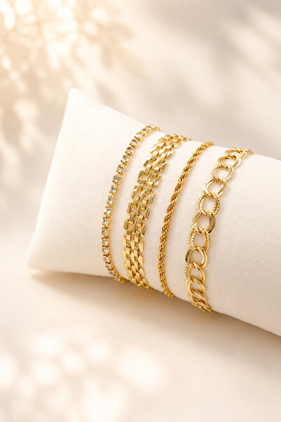 Crc Bijuteri Gold Color Milky Way Detailed 4-Piece Bracelet Combination