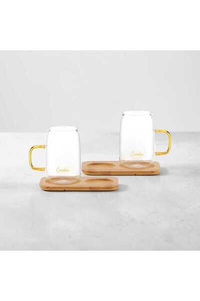 Cambu Borosilicate Mug Set with Bamboo Plate 4 Pieces – 2X280 ml Mugs + 2 Bam...