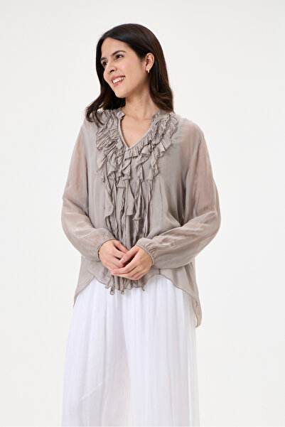 della moor Mink Italian Ruffled Front Collar Buttoned Lined Silk Blouse Size ...