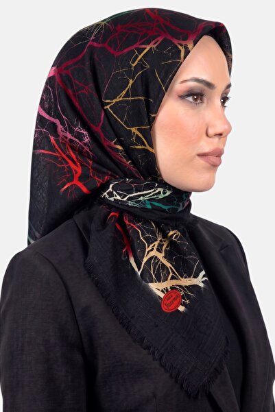 hadiora وشاح نسائي منقوش بنمط فروع شجرة الخردل باللون الأسود