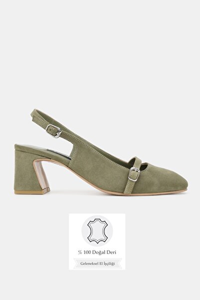 TUNAELLİ Women's Green Suede Genuine Natural Leather Thick Heel Shoes with Op...