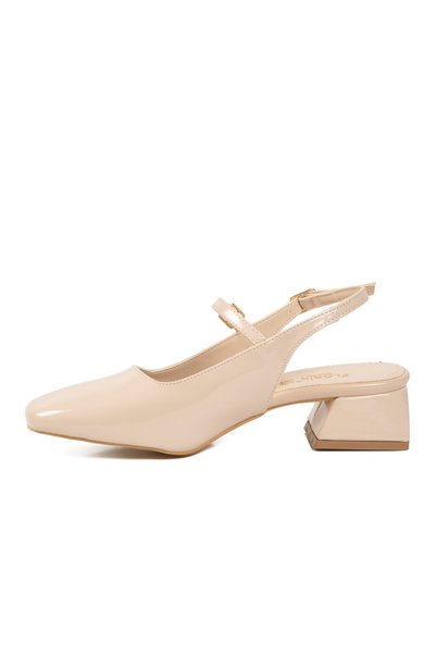 Generic Brand Beige Patent Leather Thick Short Heeled Women's Evening Dress Shoes 160 Z