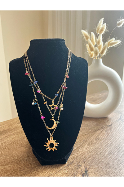 Büyük Hanım Sun Moon Star Charm Shiny Stone Necklace