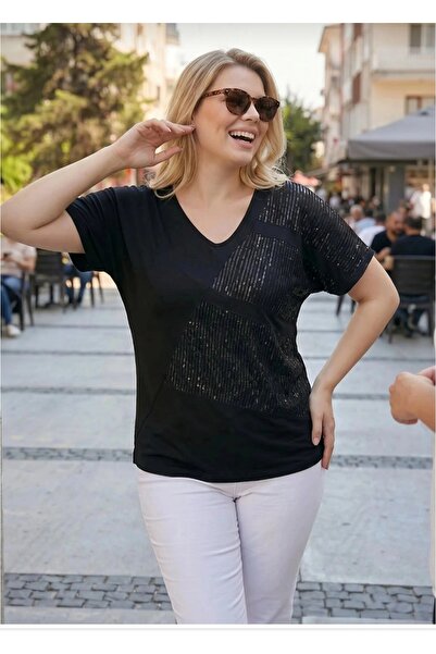 PARKDERİN Plus Size Black V-Neck Bluz with Sequin Detail