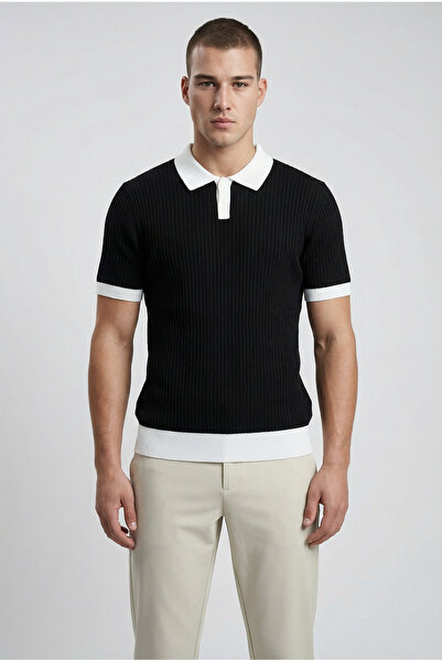 MODASPARK Black Polo Collar Buttoned Short Sleeve Men's T-Shirt