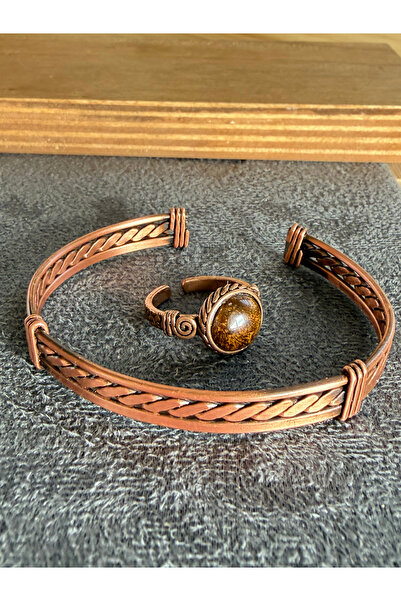 Rupen Kraft Handcrafted copper bracelet and natural stone ring set, adjustabl...