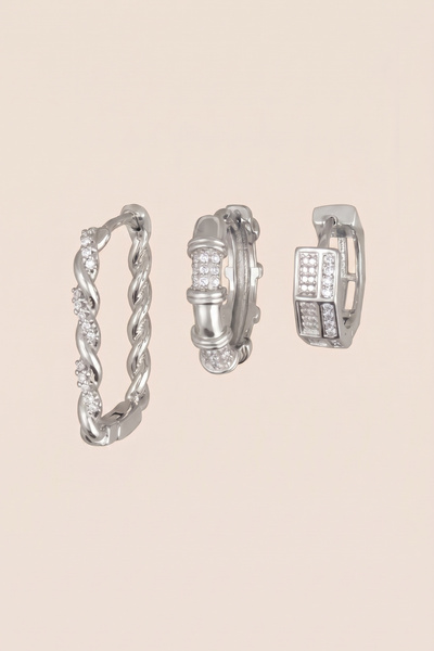 Hetra Silver Colored Zircon Stone Twisted Bamboo and Belt Detailed 3-Piece Ho...