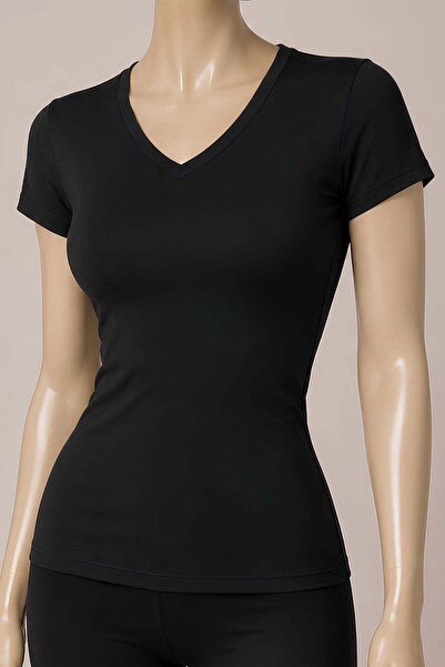 YILDIZ Lycra V-Neck Short Sleeve Women's T-Shirt Black