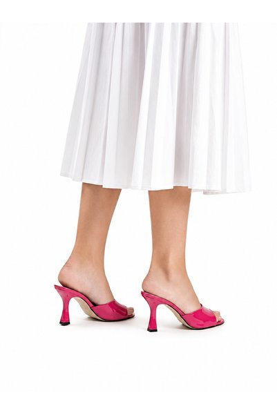 TrendWalk Women's Fuchsia Patent Leather Heeled Slippers Open Toe Shiny Surface Stylish Evening Dress Casual Use Summer Shoes