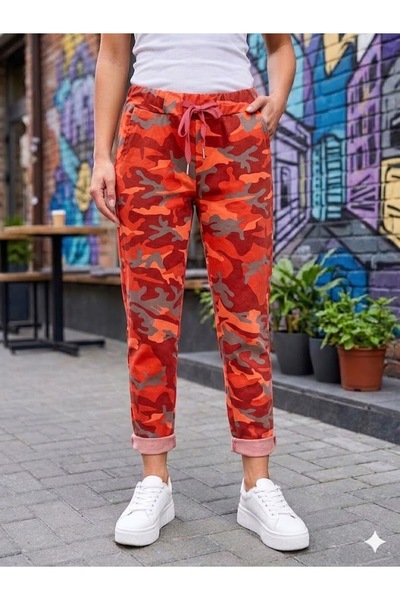 AYASOFYA OTANTIK Women's Italian Camouflage Patterned Skinny Trousers with Ti...