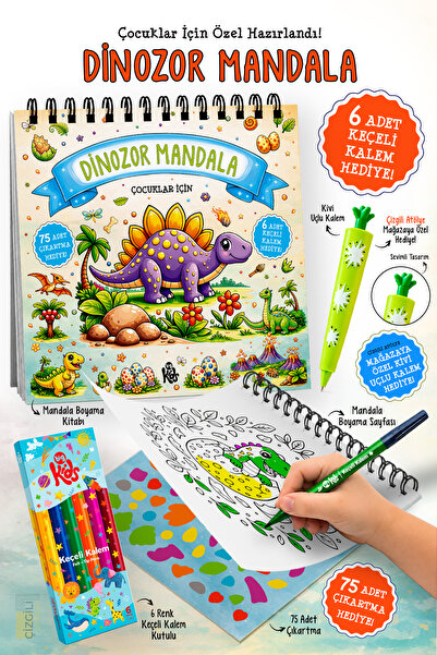 Parodi Yayınları Dinozor Mandala Boyama Kitabı | Çocuk Mandala Kitabı | 6 Ren...