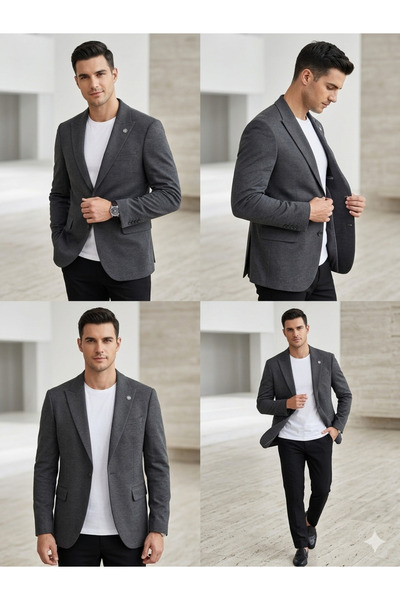 MY DEDE klasik slim fit dar kesim koyu gri kendinden desenli erkek ceket