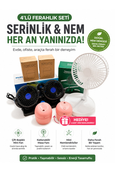 Genel Markalar 4’lü Serinlik Seti | Çift Fanlı Çakmaklı Oto Vantilatör + Şarj...