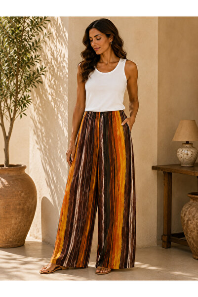 TUSSE Women's Woven Elastic Waist Printed Patterned Plus Size Palazzo Trousers