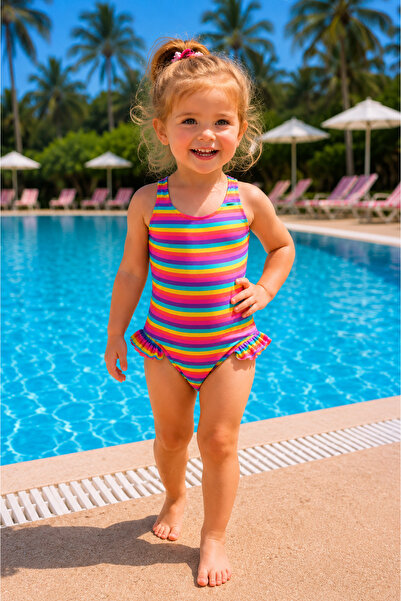 RUKİYE YAVUZ Pamuk Pazen Girls Rainbow Striped Ruffle Swimsuit Uv Protection ...