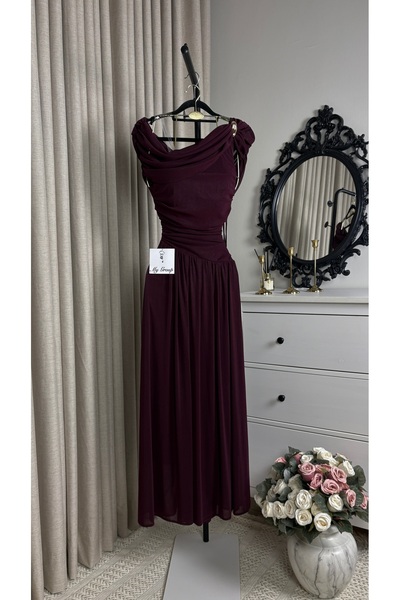 MYGROUP Elegant Draped Design Soft Pleated Chiffon Midi Evening Dress