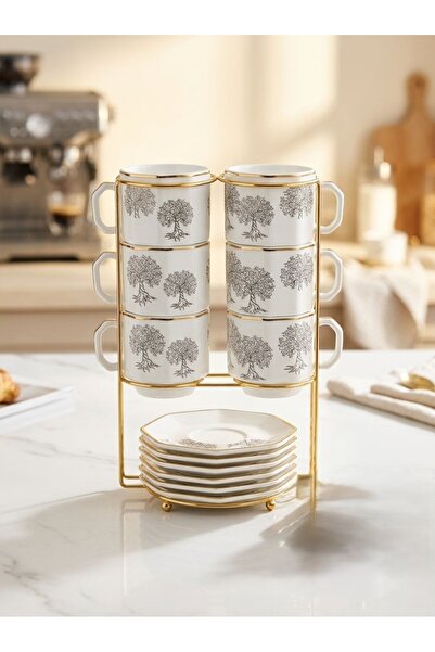LUXURY 12Pcs Porcelain Coffee Tea Cup Set with Gold Metal Stand, Featuring El...