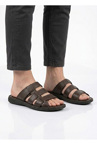 Budaks Black Men's Genuine Leather Daily Comfortable Sole Slippers 1759