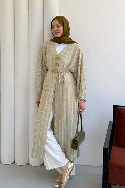 Modaensarbutik Gold Düğmeli Kumaş Kendinden Desenli Kimono-MİNT YEŞİLİ