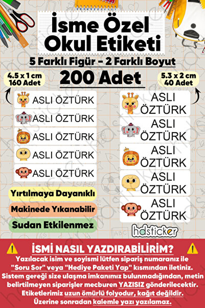 hdsticker 200 Adet Sevimli Hayvanlar Desenli İsme Özel Okul Etiketi Kişiye Öz...