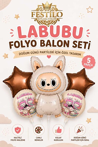FESTİLO Labubu Foil Balloon Set 5 Pieces Mini Party Decoration Balloon Orname...