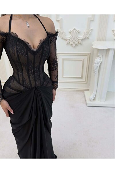 REVE Black Corset Lace Off Shoulder Draped Satin Elegant Evening Dress