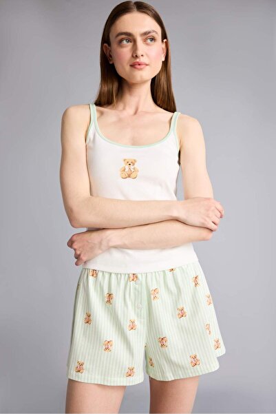DeFacto Regular Fit Mint Green Pajama Set with Straps and Teddy Bear H6326Ax26Sm