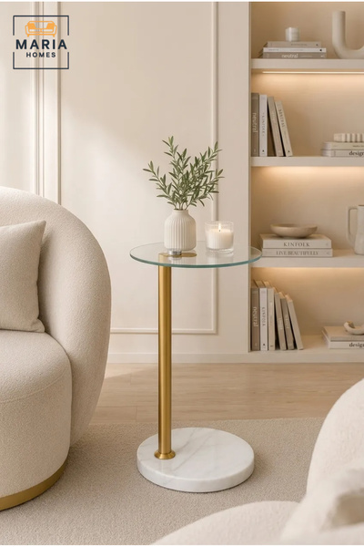 MARIA HOMES Modern Glass Side Table with White Marble Base – Round Tempered G...