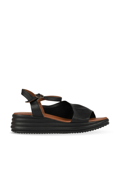 BUENO Black Tan Satin Leather Women's Wedge Heeled Sandals