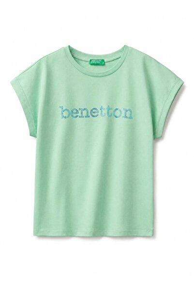 United Colors of Benetton Тениска Бенетон за момичета с кръгло деколте и камъ...