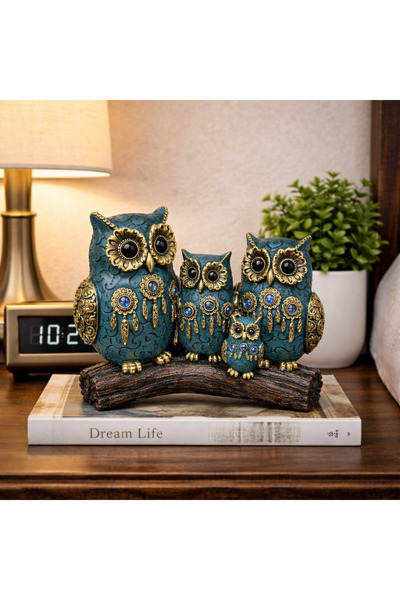 Vivendo Set decorativ Bufnite Familie pe suport tip ramura – 18.6 x 14.5 cm