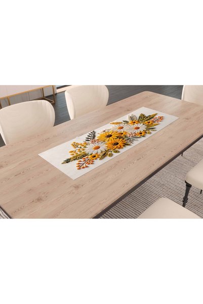 menesahome Yellow Floral Patterned Punch Embroidery Effect Digital Printed 45X100 Tablecloth Runner