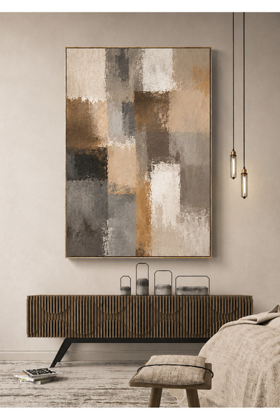 lawhat Modern Abstract Painting Combining Shades of Beige, Gray, and Golden B...