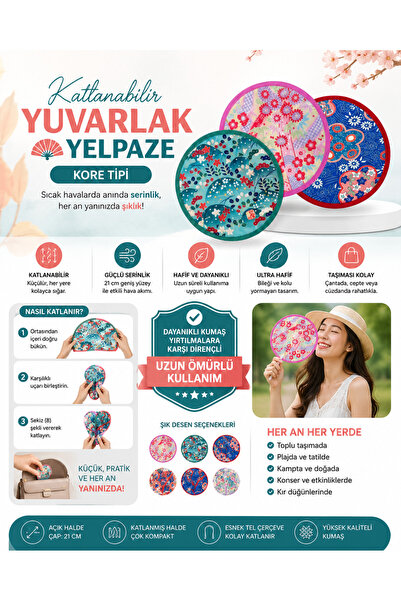 Blooming Plus Katlanabilir Kore Tipi Yuvarlak Yelpaze -Çanta Boy - Hafif Tasarım