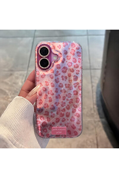 MustCase iPhone 16 Plus Uyumlu Pembe Leopar Desenli Şeffaf Simli Telefon Kılı...