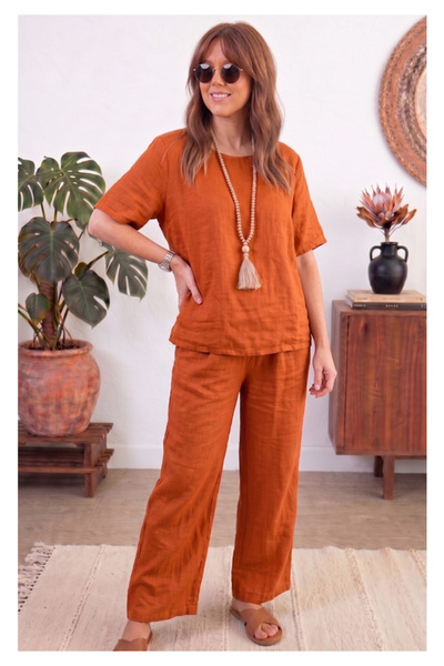Little Visqon Women's Linen Textured Loose Fit Pants and Blouse Two-Piece Set