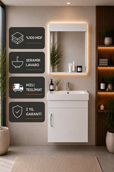 ICON BANYO Luzia 50 Cm Banyo Dolabı Seti ( %100 Mdf + Seramik Lavabolu + Ayna...