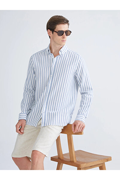 LC Waikiki Blue Regular Fit Long Sleeve Striped Men's Shirt