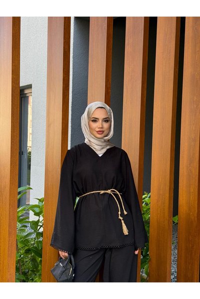 TANISA Siyah Güpür Detaylı İkili Keten Takım TNS-4407
