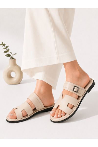 STOCON Elite Women's Cream Buckle H Model Daily Slippers Buckle Comfort Slippers Daily Slippers Dowry Slippers Gift Slippers Stc1308