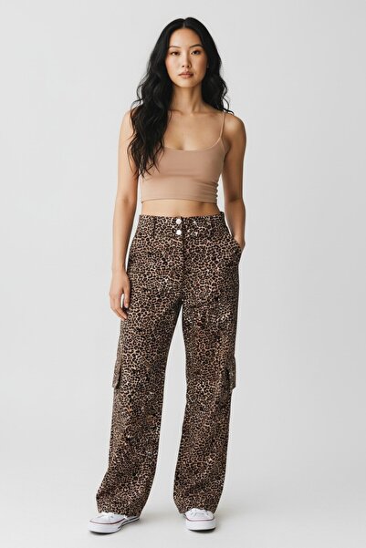 pulur.co Brown Leopard Pattern Regular Waist Double Button Pocket Cargo Pants