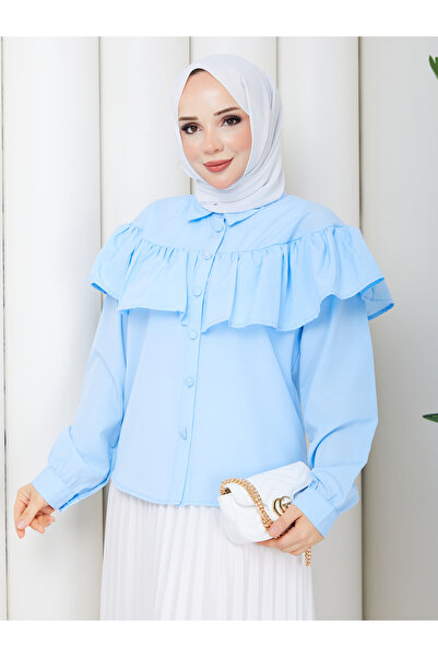 MİHRİZAR Women's Hijab Ruffled Flounce Detailed Long Sleeve Shirt Blouse