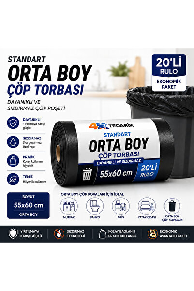 4K TEDARİK Standart Orta Boy Çöp Torbası 55x60 cm 20'li Rulo | Dayanıklı ve S...