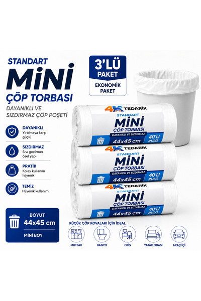 4K TEDARİK Standart Mini Çöp Torbası 44x45 cm 40'lı 3 Rulo | Dayanıklı ve Sız...