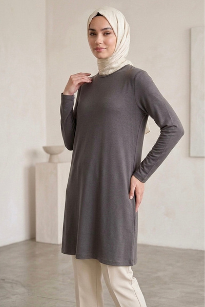 TOFİSA Plain Viscose Long Sleeve Tunic Smoked - 2109-Fume