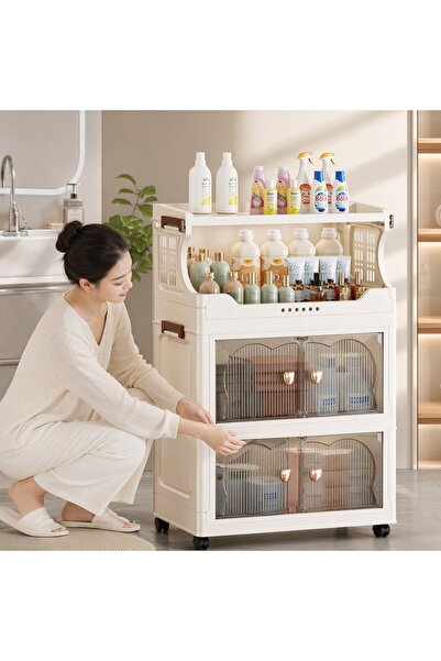 Generic 4 Layer PP Folding Storage Cabinet Rolling Shelves Magnetic Doors Dus...
